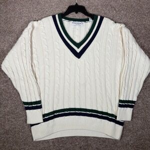 John Ashford Mens Cream Cable Knit V-Neck Cricket Sweater Green Navy Stripe L
